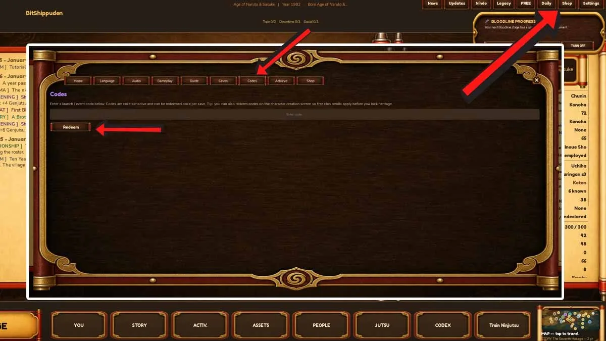 How to redeem codes in BitShippuden