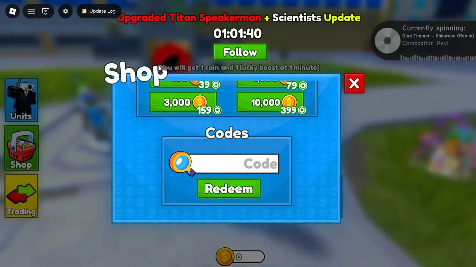 How to redeem codes in Cameraman Tower Defense