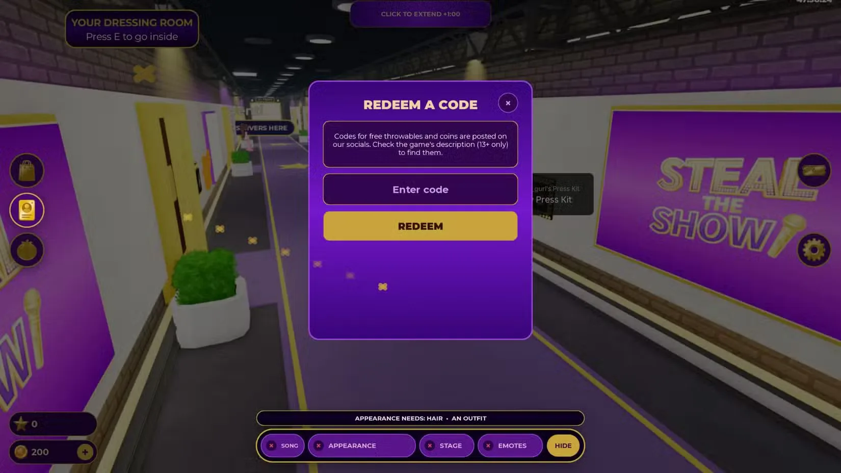 How to redeem codes in Steal The Show