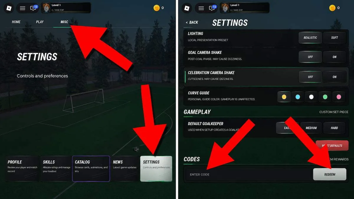 How to redeem codes in That Freekick Challenge