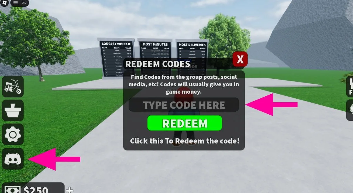 How to redeem codes in Untitled Wheelie Game