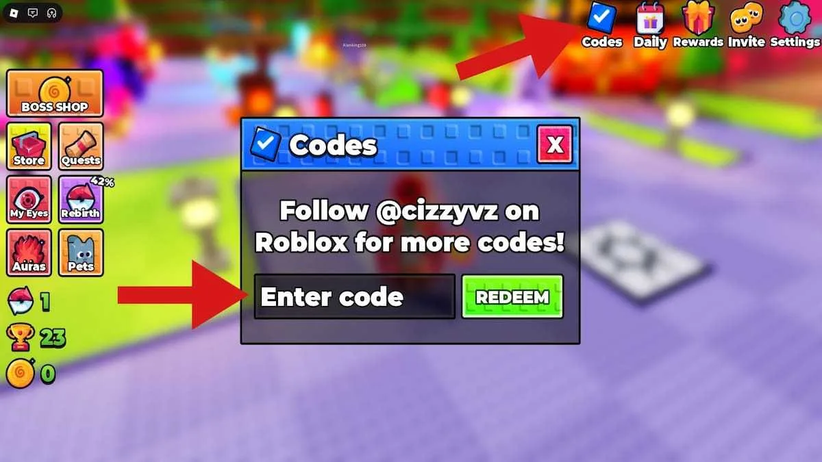 How to redeem codes in +1 Anime Eyes