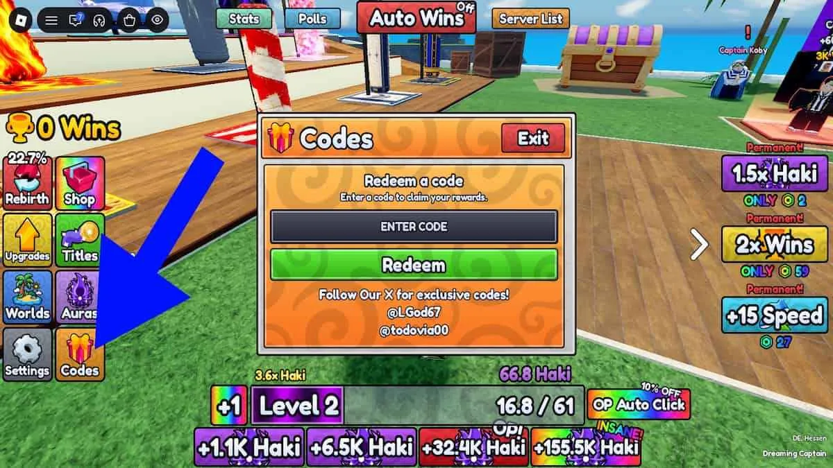 How to redeem codes in +1 Haki Evolution