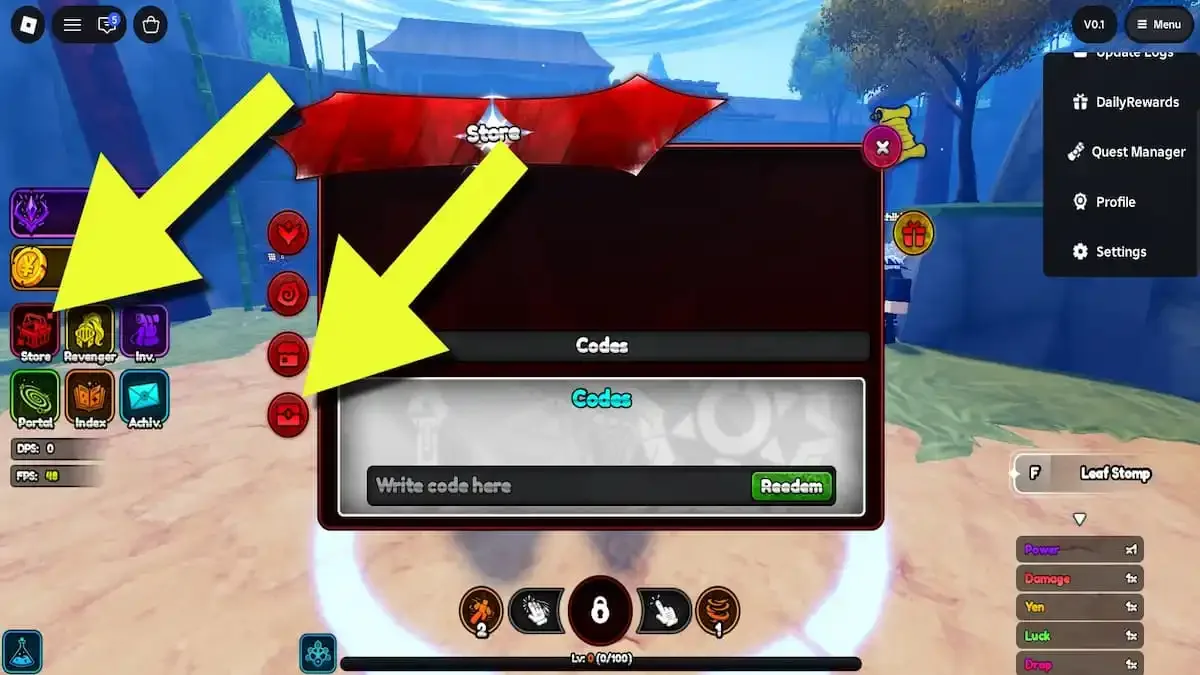 How to redeem codes in Anime Revengers