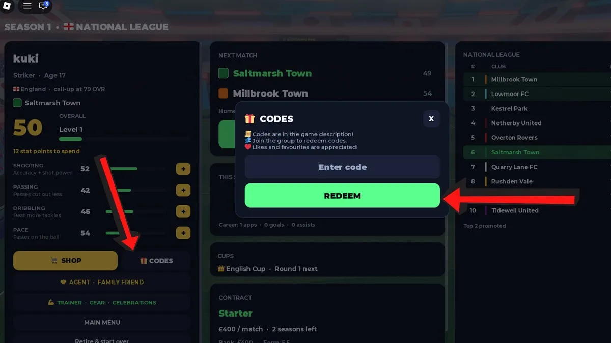 How to redeem codes in Become a Striker