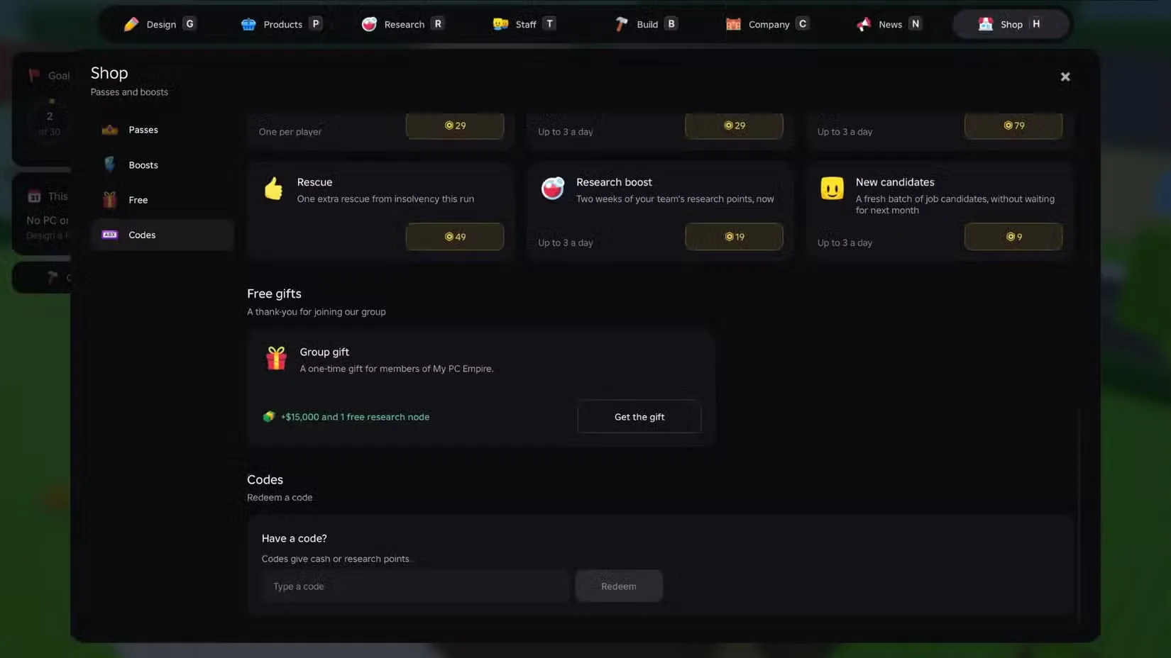 How to redeem codes in Build a PC Empire
