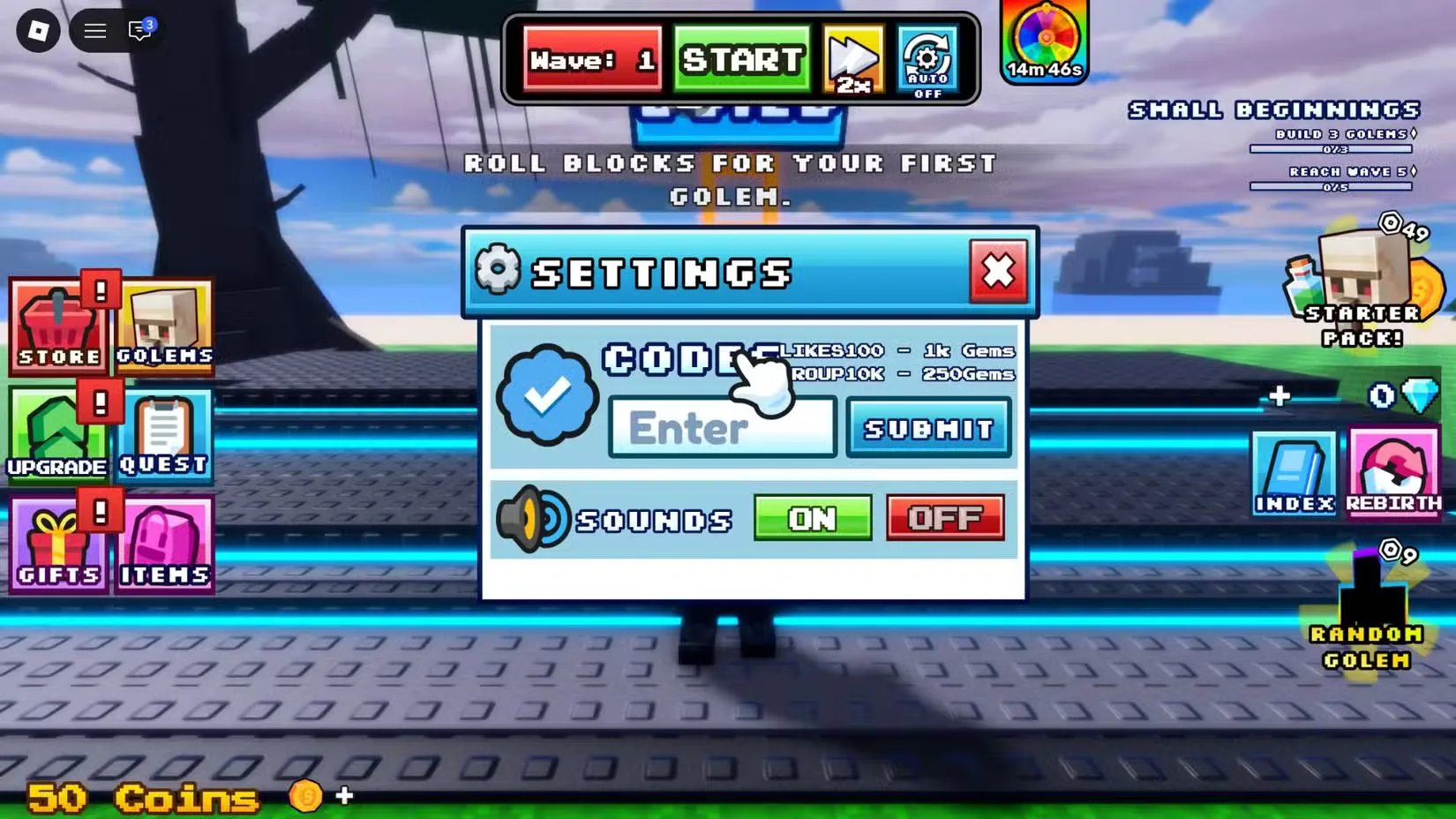 How to redeem codes in Build Golems and Fight