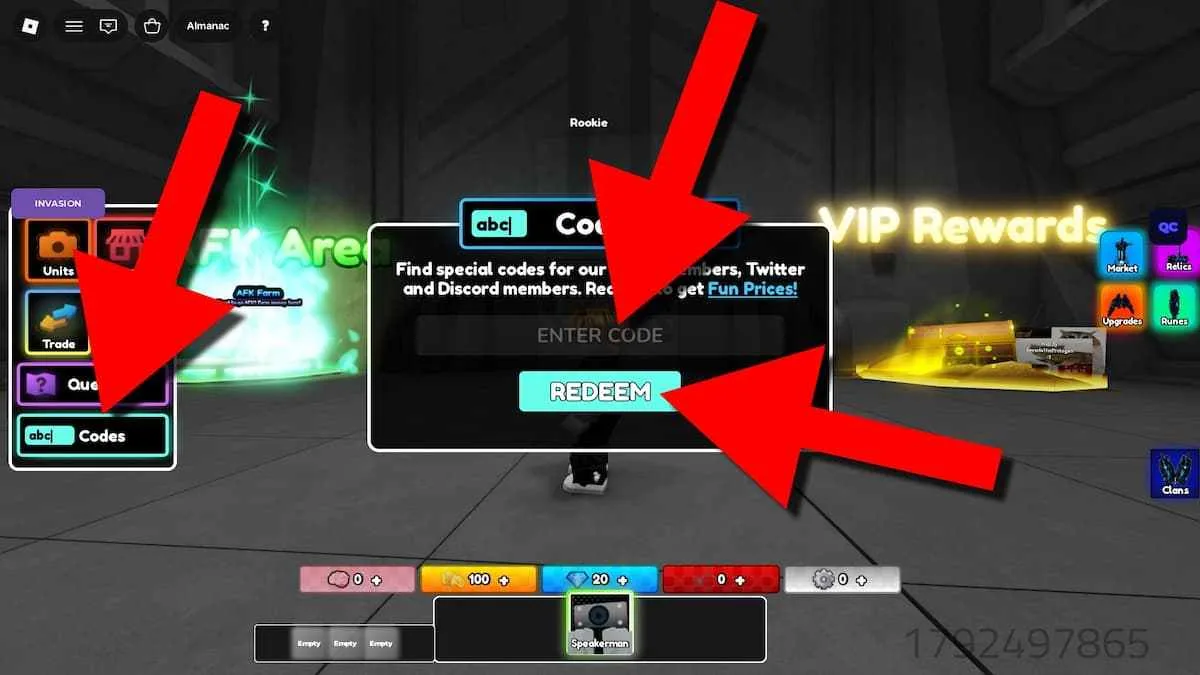 How to redeem codes in Cameraman Toilet TD