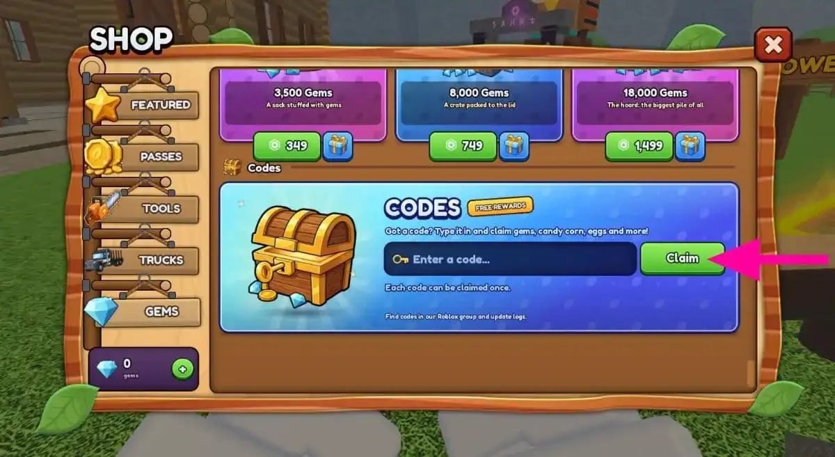 How to redeem codes in Chop A Forest