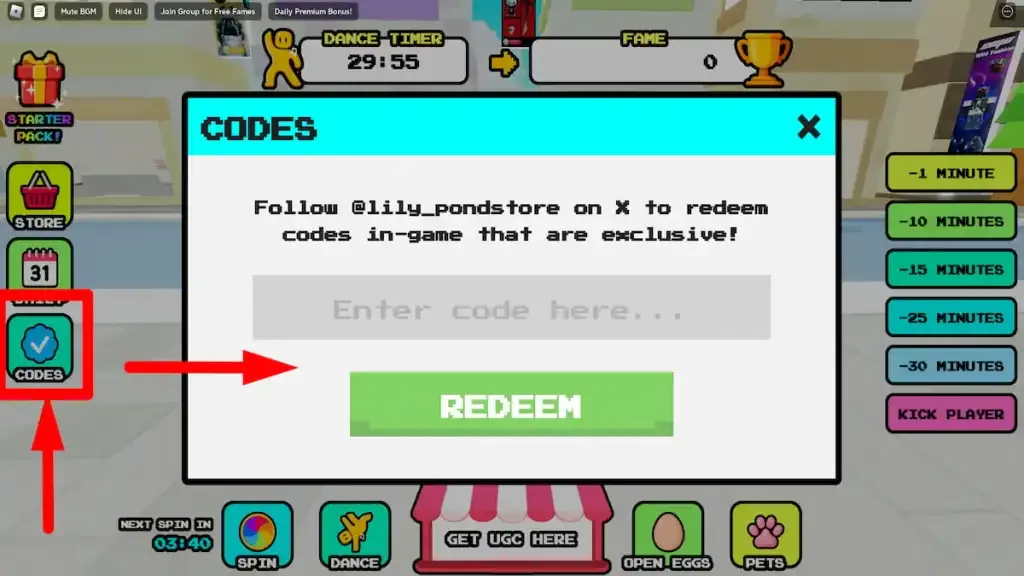 How to redeem codes in Dance for UGC