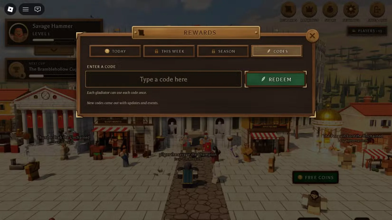 How to redeem codes in Gladiator Life