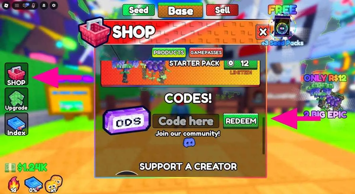 How to redeem codes in Grow a Plant