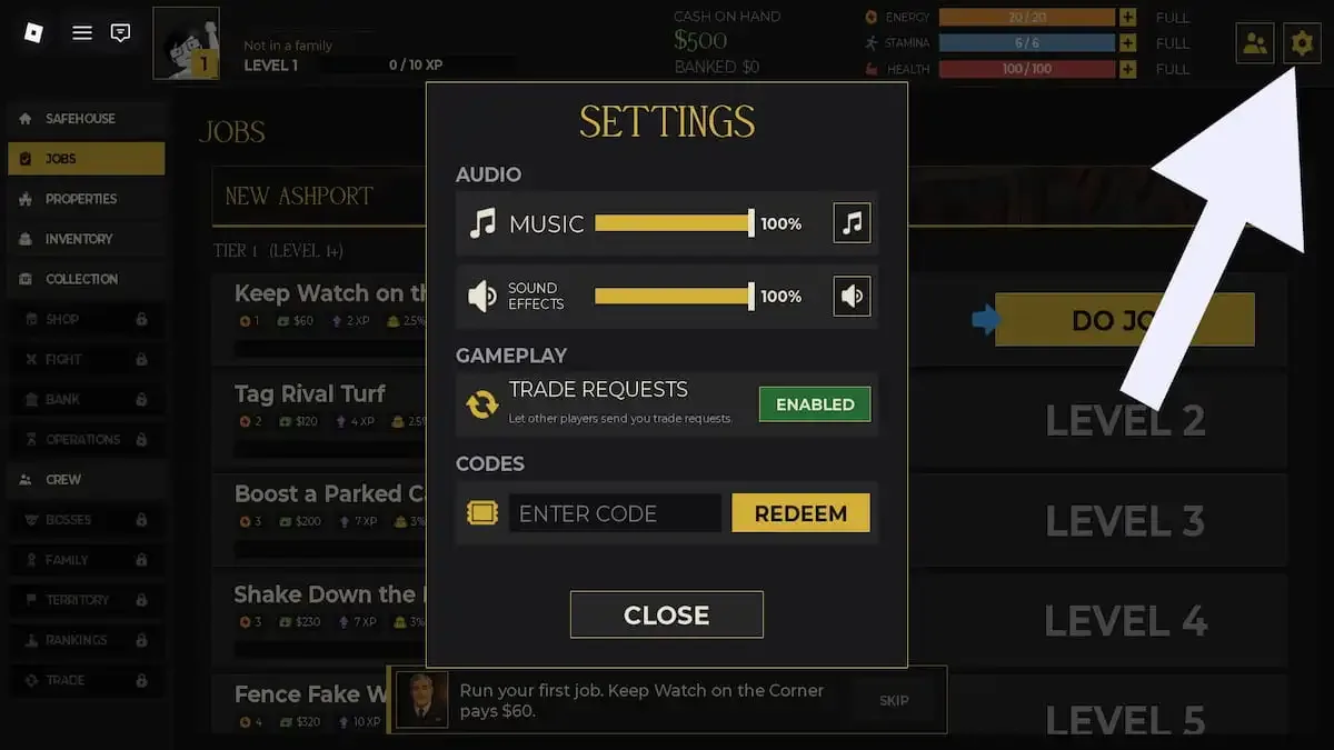 How to redeem codes in Idle Mafia Game