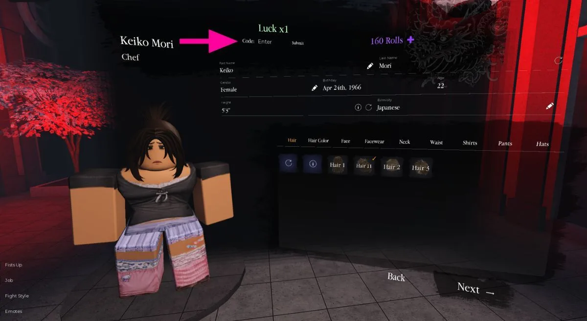 Kabuki character menu showing the code entry area near the top of the screen