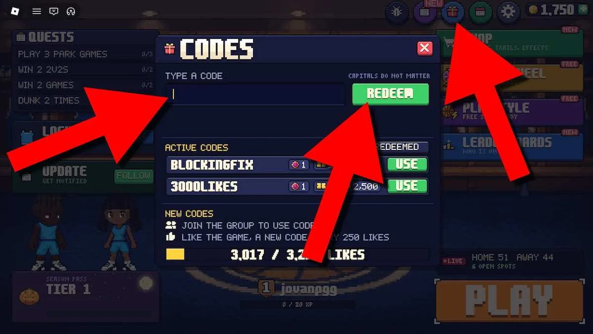 How to redeem codes in Pixel Basketball