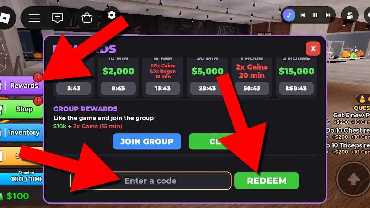 How to redeem codes in Power Lifters