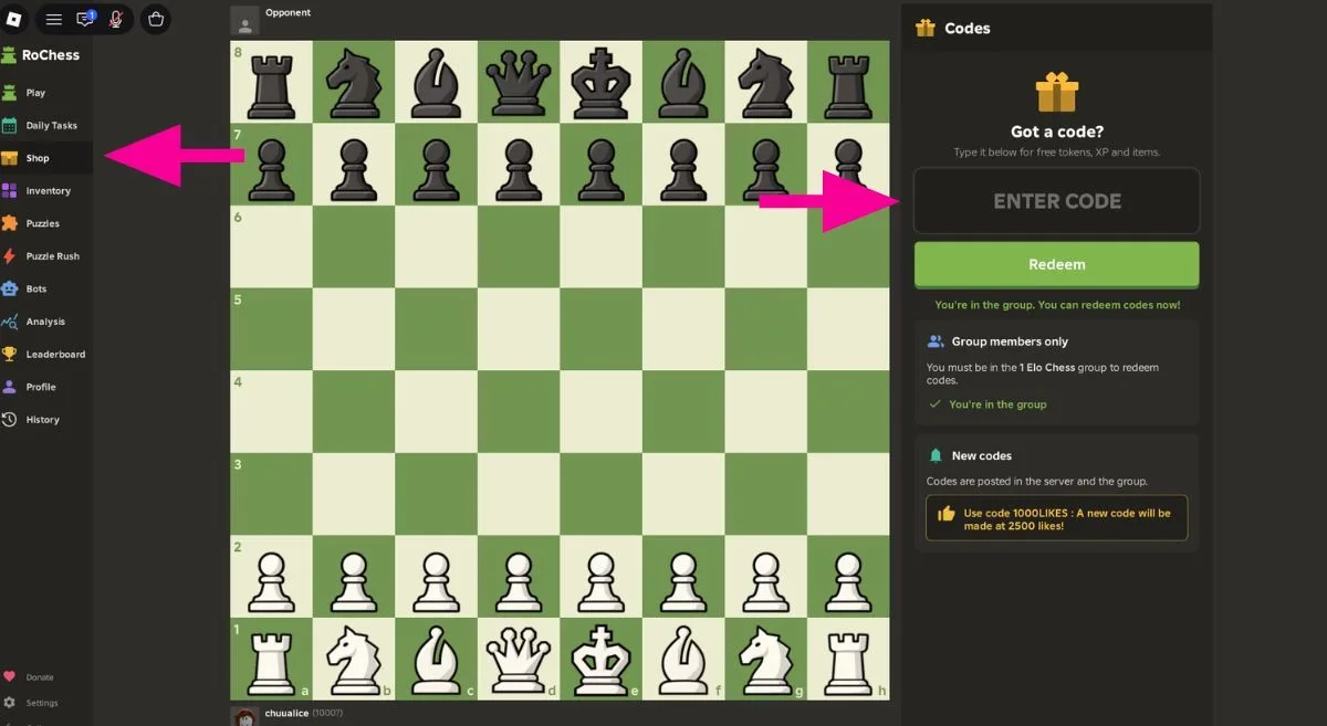 How to redeem codes in RoChess