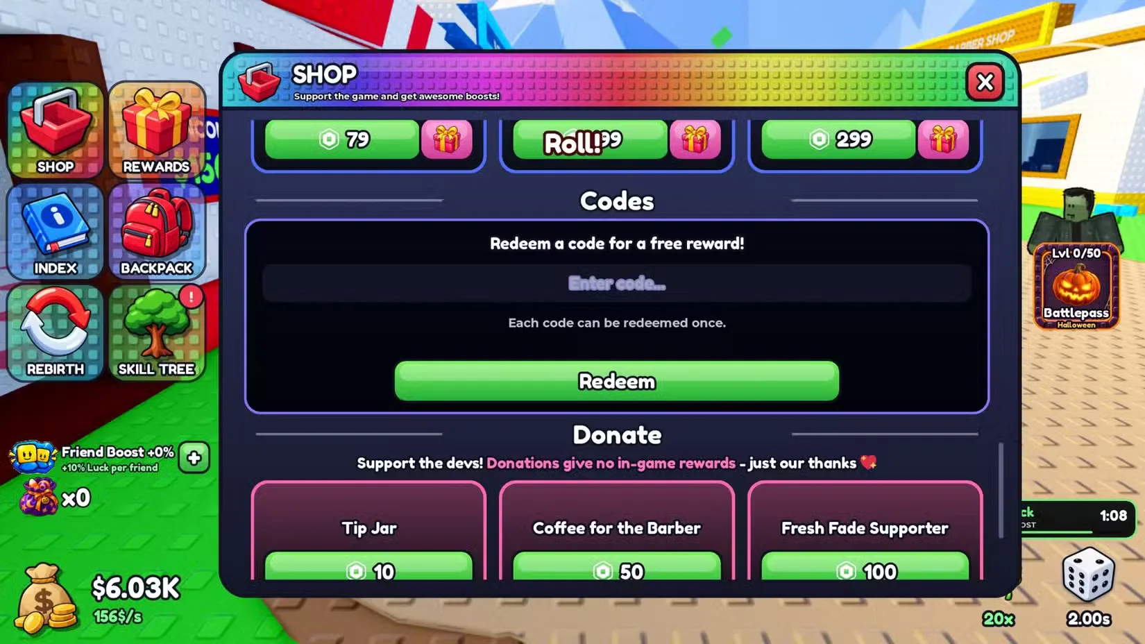 How to redeem codes in Roll a Barber RNG
