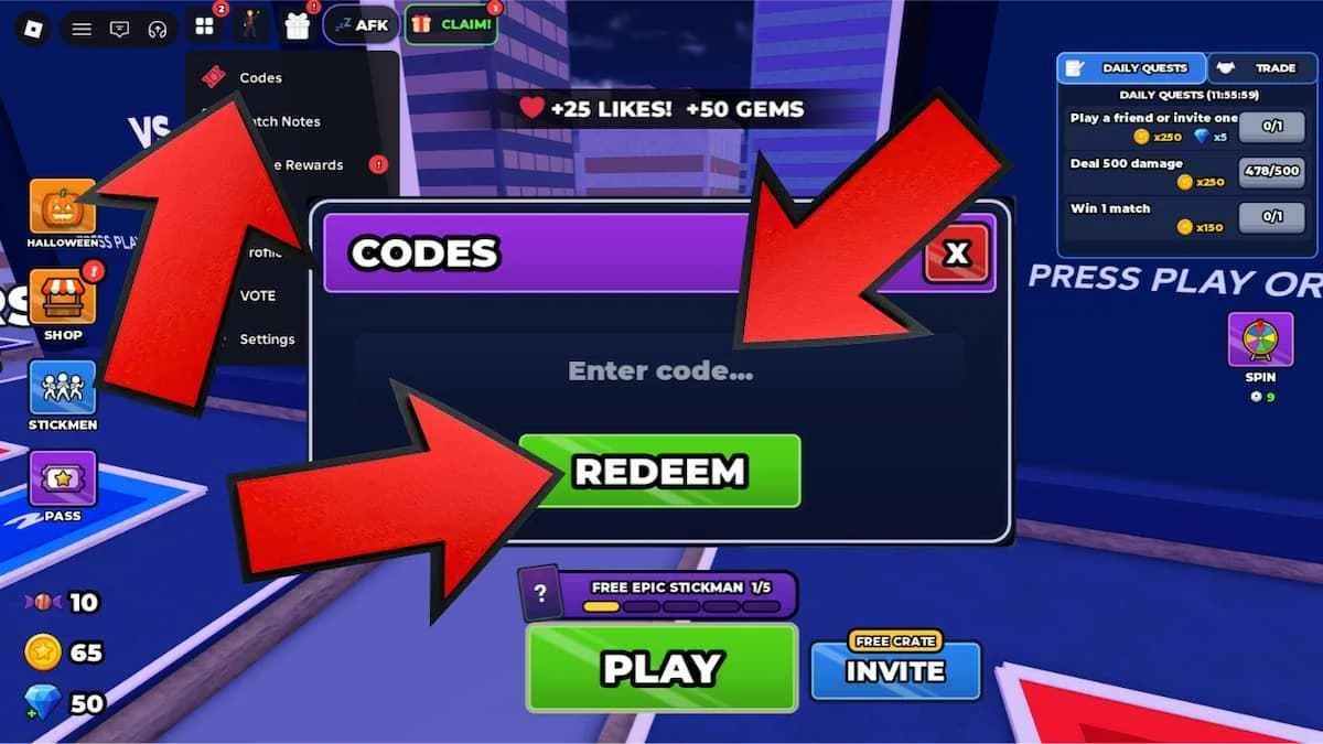 How to redeem codes in Stick Wars