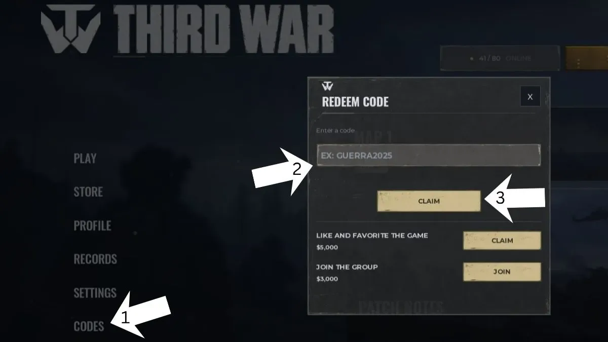 How to redeem codes in THIRD WAR