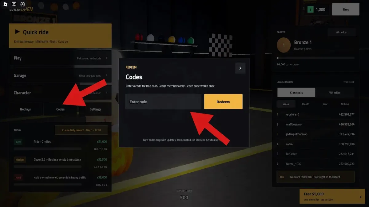 How to redeem codes in WideOpen